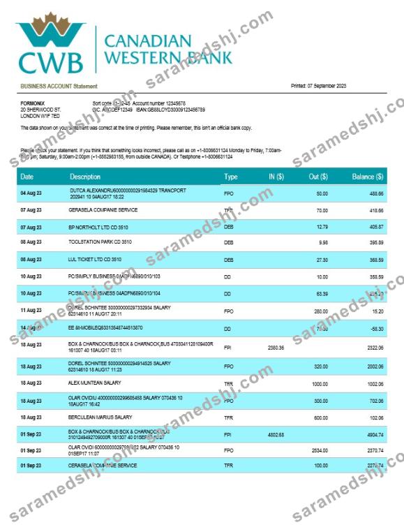 Canadian Western Bank firm account statement Word and PDF template